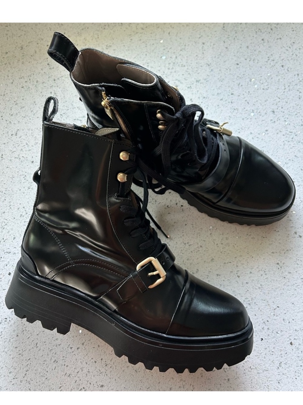 AllSaints Stellar Cap Toe Combat Boot Size 39 in Patent Leather